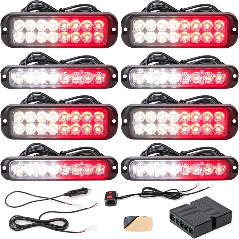 V-SEK 8PCS 96 LED Red White Strobe Lights Kit Sync Feature Ultra Slim Emergency Hazard Warning Flashing Caution Surface Mount for Construction Trucks Vehicles ATV RV Cars Waterproof - Image 1